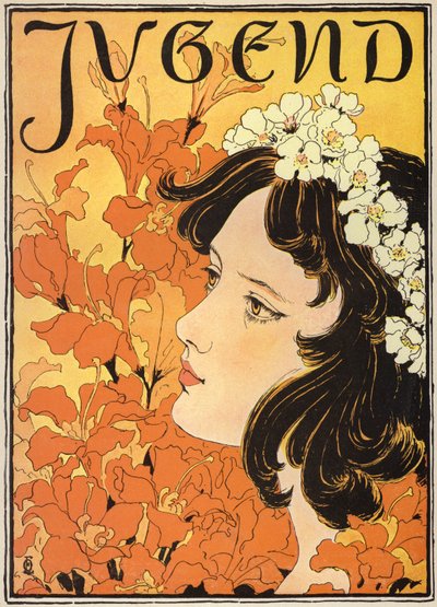Retrato de uma menina com flores no cabelo (cor litho) de German School