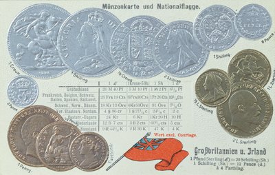 Postal representando a moeda britânica e seus equivalentes em outras moedas européias, c.1905 de German School