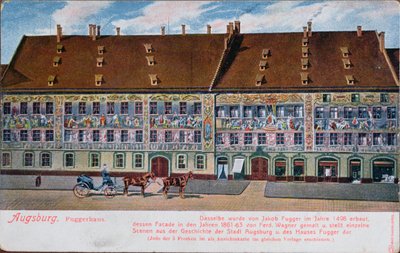 Cartão postal representando o Fuggerhaus, Augsburg de German School
