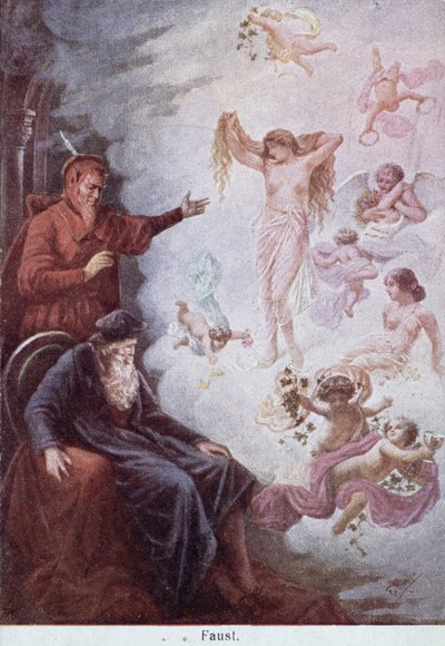 Postal representando a tentação de Fausto por Mefistófeles, c.1905 de German School