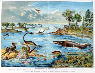 Pré-história - Jurássico - reconstrução do ambiente natural na Europa e alguns dos animais deste período, 1886 de German School