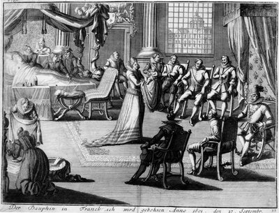 Apresentação em Fontainebleau do Dauphin ao seu pai, o rei Henrique IV, em 27 de setembro de 1601 de German School