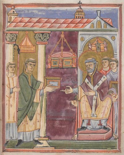 Sacerdote apresentando um livro [a Santo Agostinho?] de German School