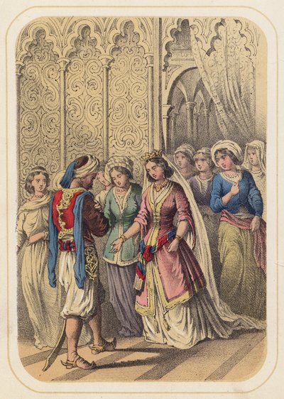 Príncipe Ahmed e Princesa Paribanou em cena de As Mil e Uma Noites (lito colorido) de German School