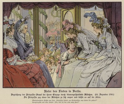 A princesa Louise de Mecklenburg-Strelitz beijando uma das meninas do forro de Unter Den Linden para saudar a sua chegada a Berlim para o seu casamento com o príncipe herdeiro Frederick III da Prússia, 22 de Dezembro de 1793 (cor litho) de German School