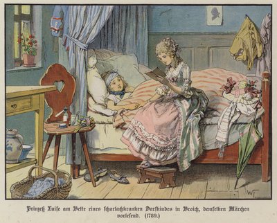 Princesa Louise de Mecklenburg-Strelitz lendo na cabeceira de uma menina doente da aldeia em Broich de German School