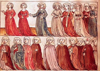 Procissão de mulheres de Boheme. Miniatura de "Chronicles of the Council of Constance" de Ulrich Richental (1360-1437) 1438 aproximadamente Praga, biblioteca nacional de German School