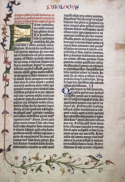 Prólogo fólio com letra "F" dourada e verde, e borda de folhas, flores, cipós e pássaros, 1455 de German School