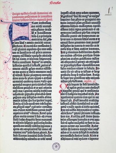 Prólogo da Bíblia de Gutenberg, impresso por Johannes Gutenberg (c.1400-68) e Peter Schoeffer (1425-1502) em Mainz, 1454-56 (impresso) de German School