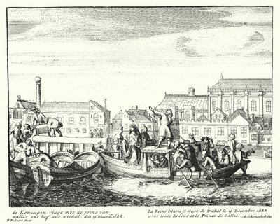 Rainha Maria, consorte do Rei James II, em fuga da Inglaterra com o Príncipe de Gales e toda a sua corte, Dezembro de 1688 (gravura) de German School