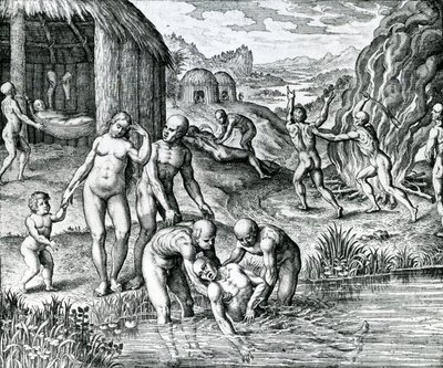 Quibus remediis contra morbos utantur Indiani, ilustração extraída de "Pars Decima Americae" publicada por Hieronymous Galler de German School