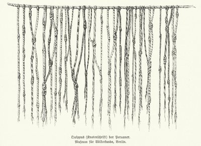Quipu, meio de registro de informações usando cordas com nós usadas pelos povos dos Andes na América do Sul (litho) de German School