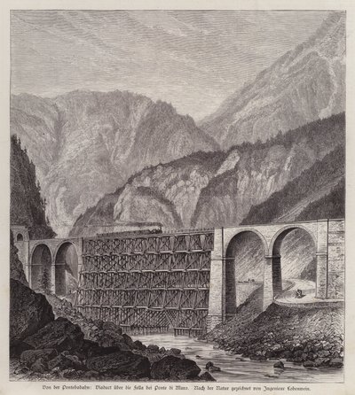 Viaduto ferroviário sobre o rio Fella em Ponte di Muro, Friuli, Itália (gravura) de German School