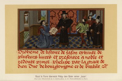 Raoul Lefevre apresenta um manuscrito da sua Histoire de Jason a Filipe, o Bom, duque de Borgonha (litografia a cores) de German School