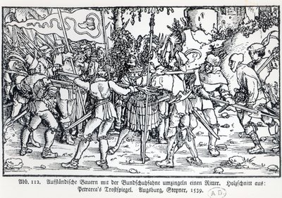 Camponeses rebeldes que cercam um cavaleiro, de uma ilustração a Trostspiegel por Petrarch, 1539 de German School