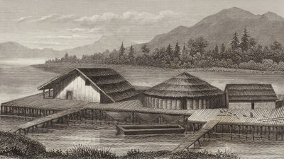 Reconstrução de uma antiga aldeia lacustre. Ilustração para Bilder-Atlas (gravura) de German School
