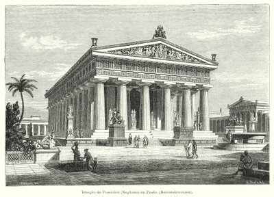 Reconstrução do Antigo Templo Grego de Poseidon, Paestum, Itália (litho) de German School