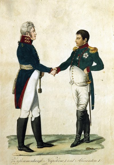 Reunião de Napoleão (1769-1821) e do Czar Alexandre I (1777-1825). (Reunião de Napoleão e Alexandre I). Trabalho anónimo, gravura e aguarela de German School