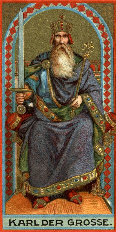 Representação de Carlos Magno (742-814), rei dos Francos, dos Lombardos e depois Imperador. Cromolitografia de German School