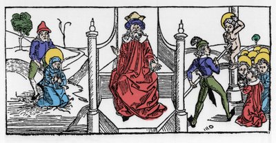 Representação do martírio de Santa Symphorose, cristã do século II, e de seus sete filhos, sob o reinado do Imperador Adriano. Gravura de "Leben der Heiligen - sommerteil" (O livro do santo) de Jacobus (Tiago) de Voragine (1228-12) de German School