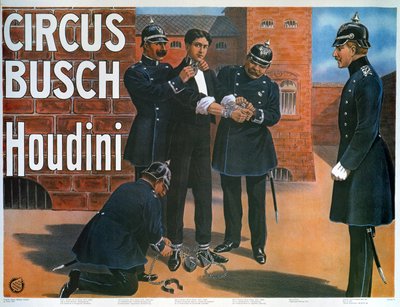 Reprodução de um cartaz de 1907 mostrando Houdini antes de uma fuga de uma prisão alemã de German School