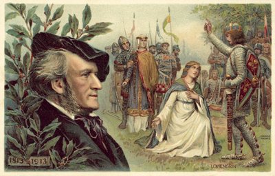 Richard Wagner e uma cena da sua ópera Lohengrin de German School