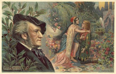 Richard Wagner e uma cena da sua ópera Parsifal de German School