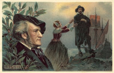 Richard Wagner e uma cena da sua ópera "O Holandês Voador". de German School