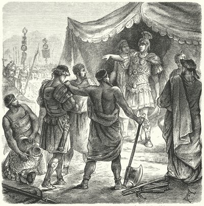 O cônsul romano Titus Manlius Torquatus condenando seu filho à morte por deixar seu posto em batalha (gravura) de German School