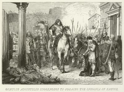 Romulus Augustulus se rende a Odoacer, a insígnia do Império de German School