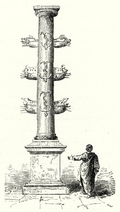 Coluna Rostral de Gaio Duilius, comemorando a vitória naval romana sobre os cartagineses na Batalha de Mylae em 260 AC (gravura) de German School