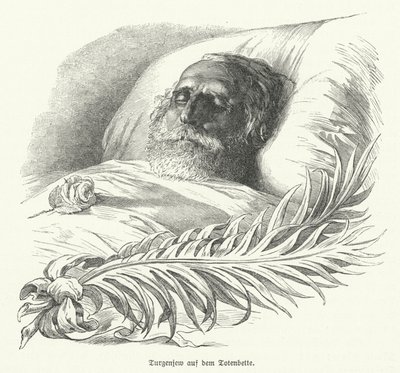 O autor russo Ivan Turgenev no seu leito de morte de German School