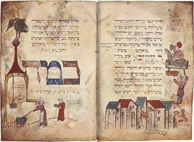 Sacrifício do cordeiro pascal e passagem de Rabi Akiva, Êxodo 12, versículo 22, Haggadah (velino) de German School