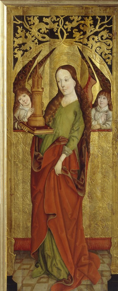 Sainte Barbe ou Barbe, o Grande Mártir (século III). (Santa Bárbara). Levando em um platô uma torre com três janelas. Pintura de um mestre vestfaliano (ativo entre 1470 e 1480), óleo sobre madeira, cerca de 1470-1480. arte alemã de German School