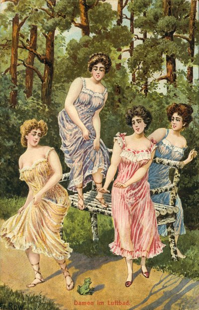 Mulheres seminuas no bosque (litografia a cores) de German School