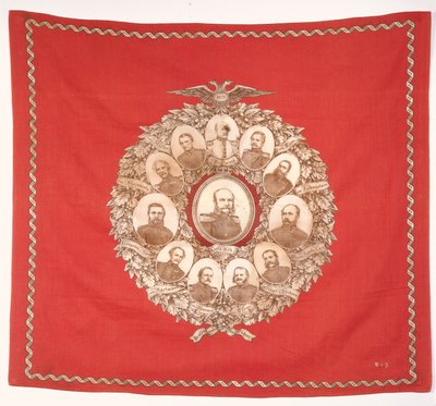 Cachecol representando o imperador alemão, Wilhelm I (1797-1888) cercado por Bismarck e marechais vitoriosos em comemoração à Guerra Franco-Prussiana, 1870 (seda) de German School
