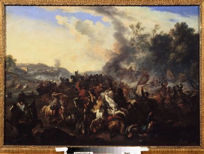 "Cena de batalha" Cavaleiros e cavalos amontoados durante uma luta. Pintura anónima da escola alemã. Museu Regional de Arte do Século XVII, Uzhhorod, Ucrânia de German School