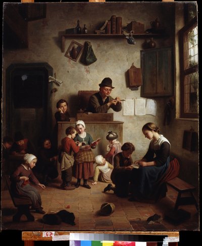 "Cena de sala de aula numa escola (Na escola) Pintura numa escola alemã Galeria Regional de Arte Deineka do início do século XIX, Kursk Rússia de German School