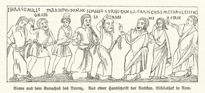 Cena de Eunuchus (O Eunuco), comédia do dramaturgo romano Terence (litho) de German School