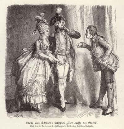 Cena da comédia de Friedrich Schiller Der Neffe als Onkel (O Sobrinho como Tio) (gravura) de German School