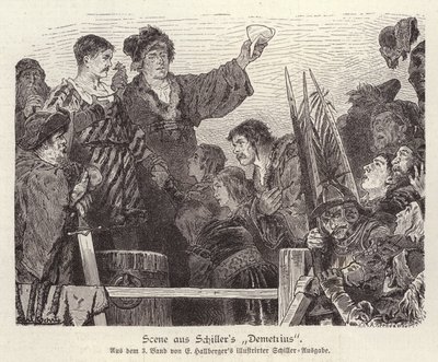 Cena da peça inacabada Demetrius (gravura) de Friedrich Schiller de German School