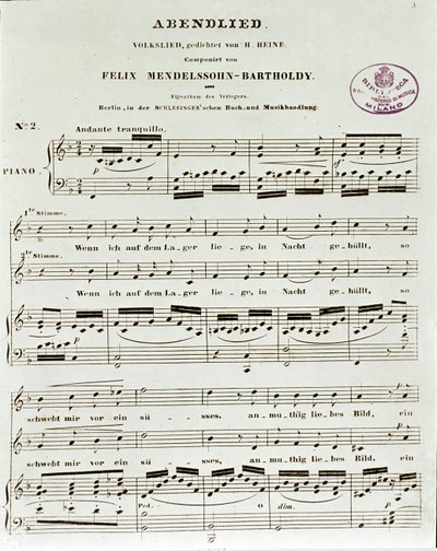 Página de partitura da música da noite por Felix Mendelssohn de German School