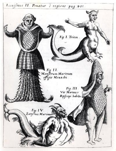 Monstros marinhos, ilustração de Physica Curiosa por Gaspar Schott SJ (1608-66), publicado em Wuerzburg 1662 de German School