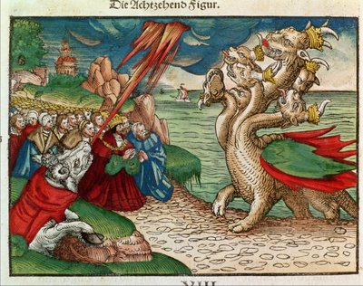 Serpente de sete cabeças do livro do Apocalipse, da Bíblia de Lutero, c.1530 (xilogravura colorida) de German School