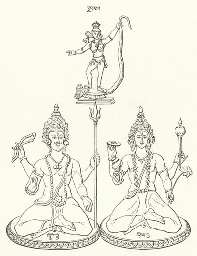 Shiva, Vishnu e Krishna, deuses hindus (gravura) de German School