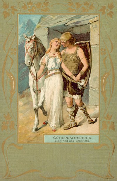 Siegfried e Brunnhilde numa cena de Gotterdammerung (cromolitografia) de German School