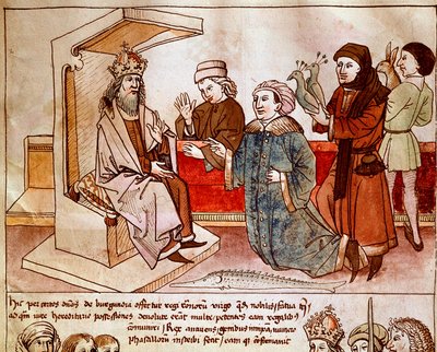 Sigismundo I de Luxemburgo (1368-1437), imperador do Santo Império, recebe o tributo dos povos submissos. Miniatura de "Chronicles of the Council of Constance" de Ulrich Richental (1360-1437) 1438 aproximadamente Praga, biblioteca nacional de German School