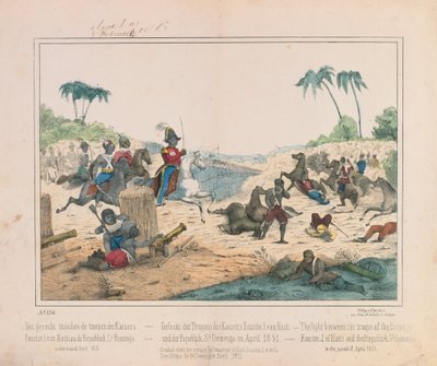 Escaramuça entre tropas do imperador Fuastin I do Haiti e da República Dominicana de Santo Domingo em abril de 1851, panfleto pictórico publicado por Fried. Schulz Verlag, Stuttgart, 1851 de German School
