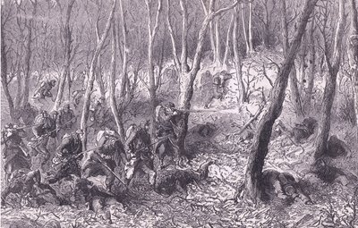 Skirmish in the woods outside Paris, Cassells History of the War between France and Germany publicado por Cassell and Company Limited, c.1890 (litho) de German School