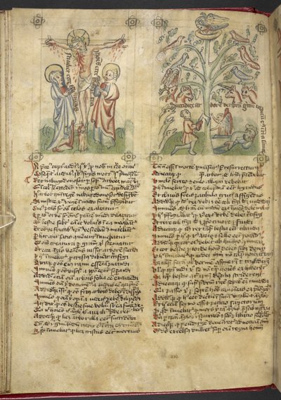 Sloane 361, f.26v Nabucodonosor vê uma árvore em sonho; a Crucificação, de 